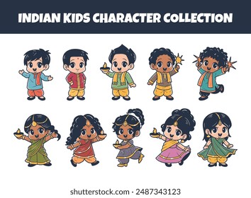 Indian kids character set vector illustration