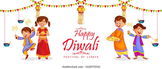 Indian Kids Enjoying Firecracker Celebrating Diwali Light Festival Of India In Vector