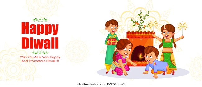 Indian Kids Enjoying Firecracker Celebrating Diwali Light Festival Of India In Vector