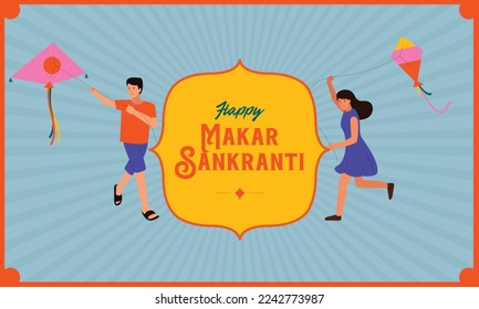 Indian kids flying kite for happy Makar Sankranti Indian festival flat and editable vector art.