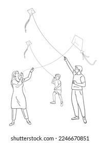 indian kids flying kites for Makar Sankranti vector outline, isolated  sketch