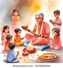 Indian kids in traditional Puja worshippingyagya watercolour vector illustration