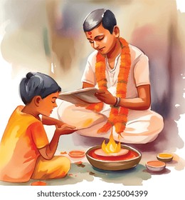 Indian kids in traditional Puja worshippingyagya watercolour vector illustration