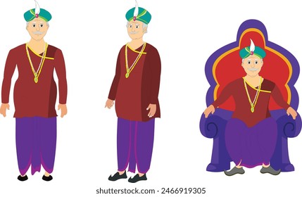 Indian king character set for cartoon animation. King model sheet. Asian king cartoon design