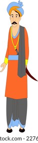 Indian king man standing with a sword side angle character for 2d cartoon animation.