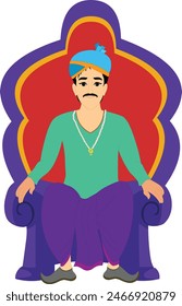 Indian king sitting In throne. King sitting pose. Indian royal characters for cartoon animation