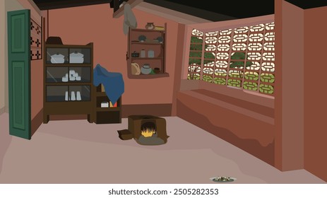 Indian kitchen indoor design vector background with utensils shelf,stove, and window.Indoor design 