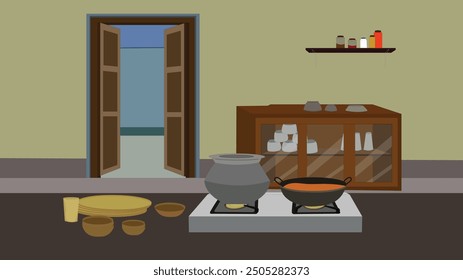 Indian kitchen indoor design vector background with utensils shelf,stove.Indoor design for cartoon 