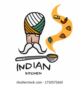 Indian kitchen logo, man with soup spoon with many herb smell cartoon vector illustration