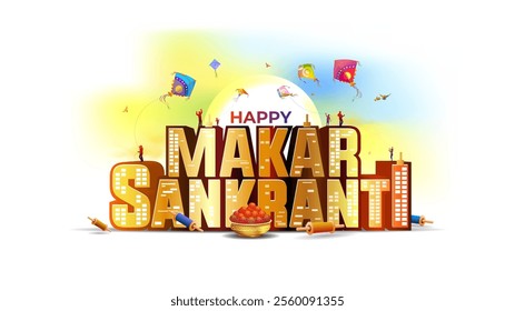 Indian Kite festival- Makar Sankranti greeting card and logo design. Happy Makar Sankranti 3d typo and celebration on white background.