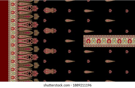 indian kurti   front side  abstract  colorful  border neck whit mughal motif  background