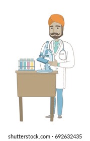 Indian laboratory assistant working with a microscope. Young scientist using a microscope to analyze medical analysis from test tube. Vector sketch cartoon illustration isolated on white background.