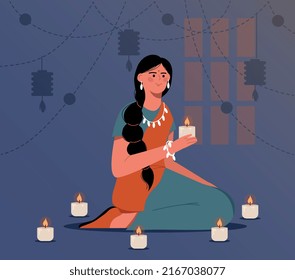 Indian lady with candles. Girl performs ritual in apartment, Traditions and religion, Buddhism. Cute character on Diwali festival, holidays. Person pray for God. Cartoon flat vector illustration