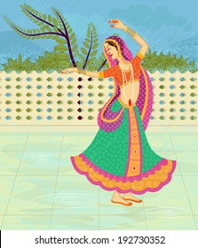 Indian lady dancing in rain in Indian art style