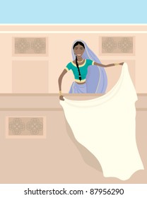 an indian lady dressed in a traditional saree holding a white sheet over a balcony vector illustration in eps 8 format