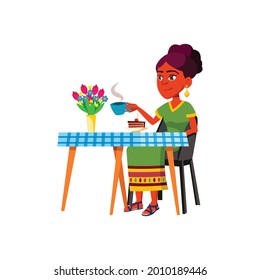 Indian Lady Has Breakfast At Kitchen Table Cartoon Vector. Indian Lady Has Breakfast At Kitchen Table Character. Isolated Flat Cartoon Illustration