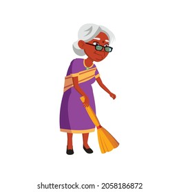 indian lady senior sweeping floor with broom cartoon vector. indian lady senior sweeping floor with broom character. isolated flat cartoon illustration