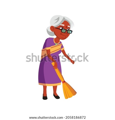 indian lady senior sweeping floor with broom cartoon vector. indian lady senior sweeping floor with broom character. isolated flat cartoon illustration