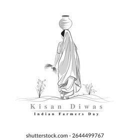 An Indian lady walking to her agriculture field, A countryside woman carrying water pot on her head, An illustration of woman wearing traditional dress