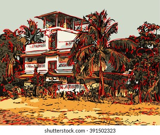 Indian landscape digital graphic artwork in Goa, Baga, vector sketch of old town with palms and house, good for postcard design or book illustration