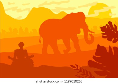 Indian Landscape With Elephant and Yog. Tropical Wildlife Panorama. Natural scene in yellow, brown and orange colors. Vector