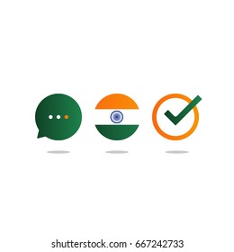 Indian language class concept icon set and flag logo, language exchange program, forum and international communication sign. Flat design vector illustration