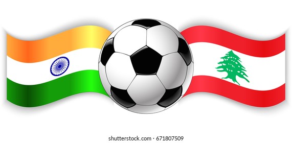 Indian and Lebanese wavy flags with football ball. India combined with Lebanon isolated on white. Football match or international sport competition concept.