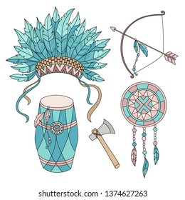 INDIAN LIFE American Native Hero Attributes Vector Set
