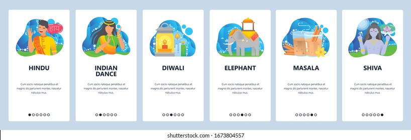 Indian life web site and mobile app onboarding screens. Menu banner vector template for travel website and application development with blue abstract shapes. Indian culture, food, traditions, holidays