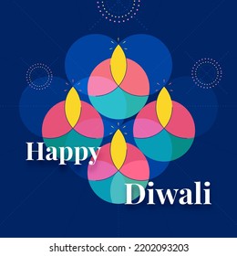 Indian Light Festival, Happy Diwali Celebration with Colorful Geometric Circles Oil Lit Lamps, Fireworks on Blue Background.