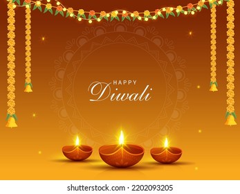 Indian Light Festival, Happy Diwali Celebration with Illuminated Realistic Lit Oil Lamps and Merigold Garlands with Space for your Message.