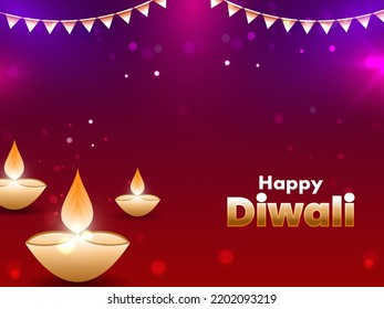 Indian Light Festival, Happy Diwali With Illuminated Golden Oil Lit Lamps With Bunting Flags On Shiny Gradiant Background.