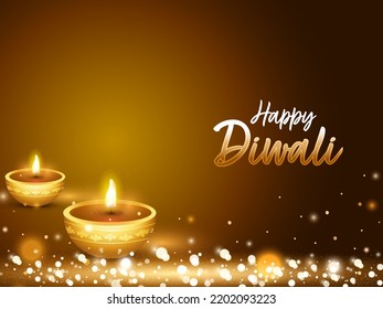 Indian Light Festival, Happy Diwali Celebration Banner or Header with Realistic Illuminated Golden Oil Lit Lamps on Brown Lights Effect Background.