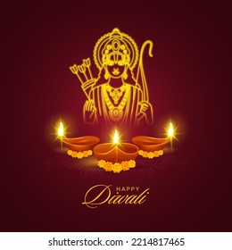 Indian Light Festival, Happy Diwali Festival mit Goldener Illustration des hinduistischen Mythologischen Lord Ram und Illuminated Realistic Oil Lit Lamps, Marigold auf braunem Hintergrund.