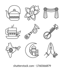 Diseño de conjunto de iconos de estilo de línea india, viajes de cultura india y asia tema Vector ilustración