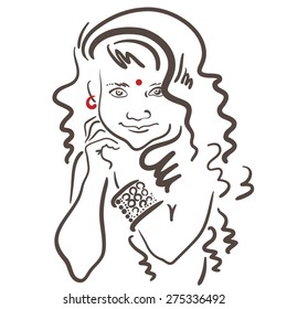 Indian little girl with bindi and long curly hair. Hand drawn sketch.