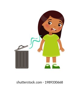 Indian little girl does not like the bad smell from the trash can. Expression of emotion on the face of a dark skin child. Cartoon character 