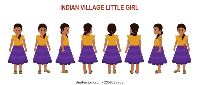 Personaje De Caricatura De Niña De La Pequeña Aldea India. Aislado en ilustración vectorial