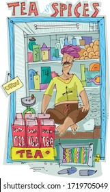 An Indian local tea vendor in his cute little street shop. Tea preparing and selling tea and spices. Cartoon, caricature, sketch.