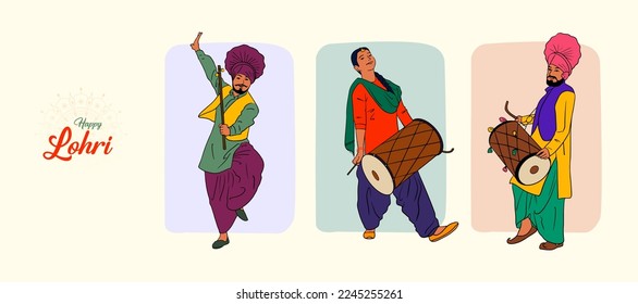 Indian Lohri celebrating Punjabi people's vector character isolated 