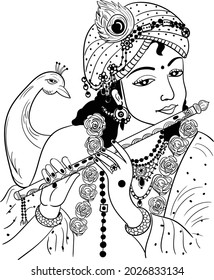 Indian lord krishna play flute(bansuri) with peacock clip art black and white line art illustration