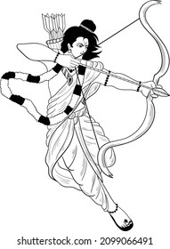 Indian Lord Rama shoots arrows vector illustration. Happy Ram Navami annual Hindu festival greetings. Line art portrait of holy person. Indian lord god rama black and white clip art vector.