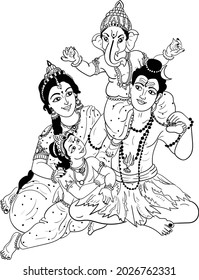 Indian lord Shiv family. indian wedding symbol shiva family. indian wedding lord god shiva family playing. shiva family clip art, black and white line art illustration.