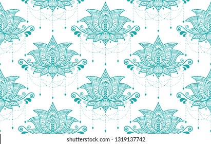 Indian Lotus flower vector seamless pattern, Mehndi henna tattoo style, Yoga or zen decoration, bohemian textile in turquoise on white background. 
Beautiful lotus repetitive pattern 