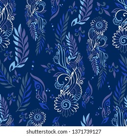 indian lotus flower vector seamless pattern mehndi henna tattoo style yoga meditation or zen decoration background with  blue tone