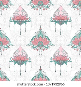 indian lotus flower vector seamless pattern mehndi henna tattoo style yoga meditation or zen elemental decoration background with pink and green pastel tone