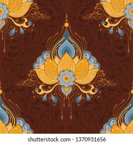 indian lotus flower vector seamless-pattern mehndi henna tattoo style yoga meditation or zen decoration background with yellow brown and blur tone