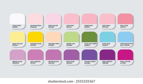 Indian Lotus (India) Flower Color Palette, Nelumbo nucifera Flower Color Guide Palette with Color Names. Catalog Samples of Lotus Flower colors with RGB HEX code. Fashion Trend pink, purple tones