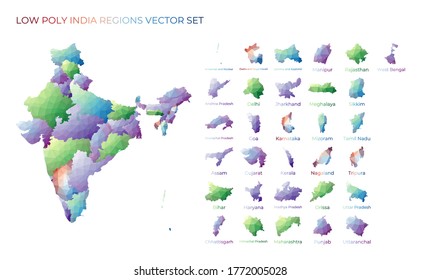 Regiones indias de polos bajos. Mapa poligonal de la India con regiones. Mapas geométricos para su diseño. Ilustración vectorial creativa.
