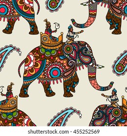 Indian maharadjah on the elephant colored seamless background. Vector illustration